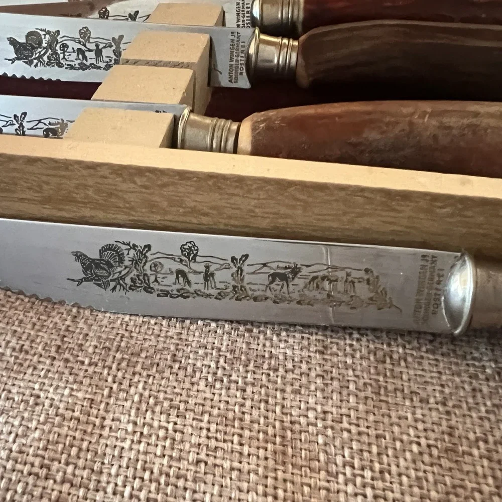 Anton Wingen Solingen Germany Rostfrei Engraved Stag Horn 6 Piece Knife Set‎